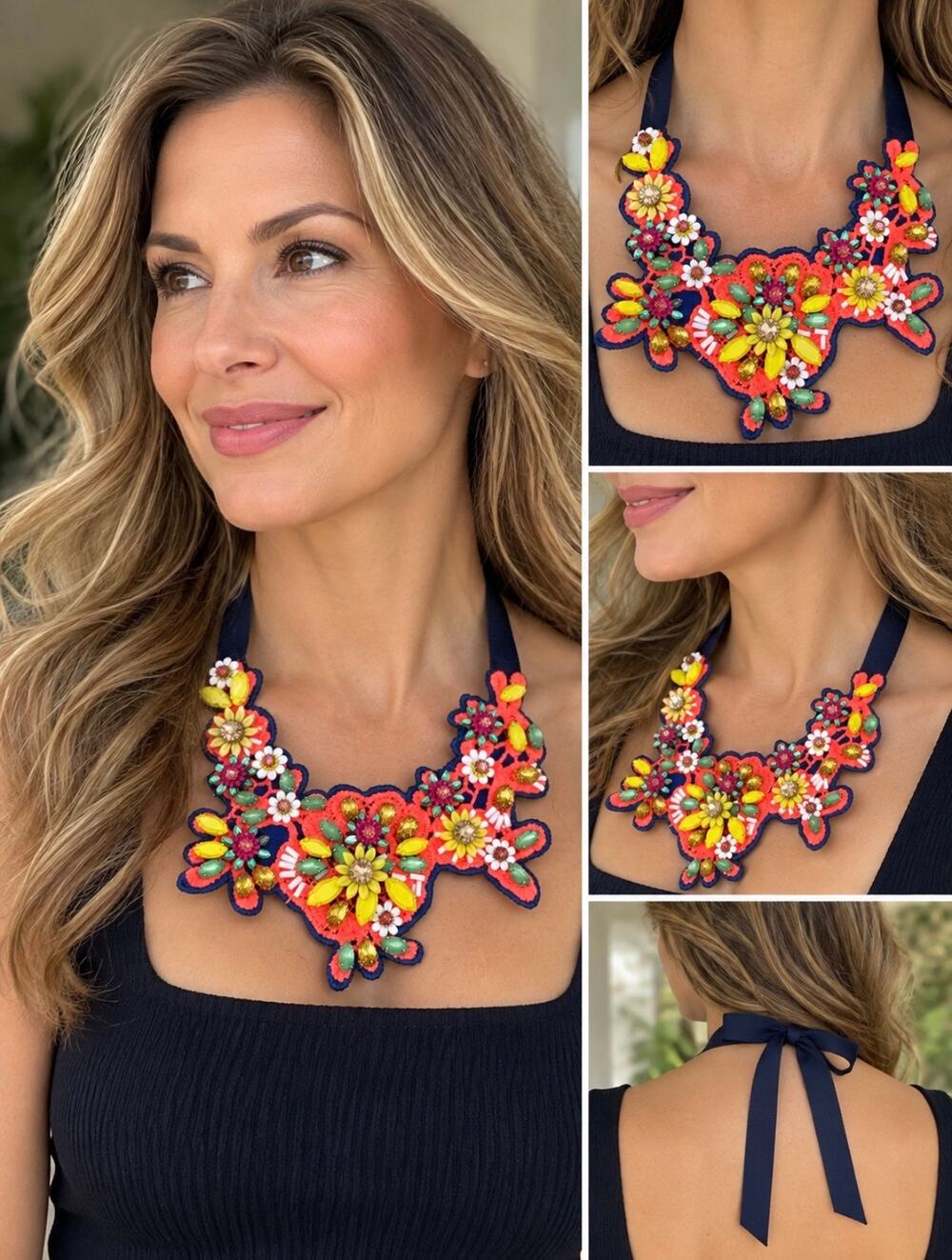J.Crew Statement Floral Bib Necklace Navy Coral Yellow Green Beaded Rhinestone